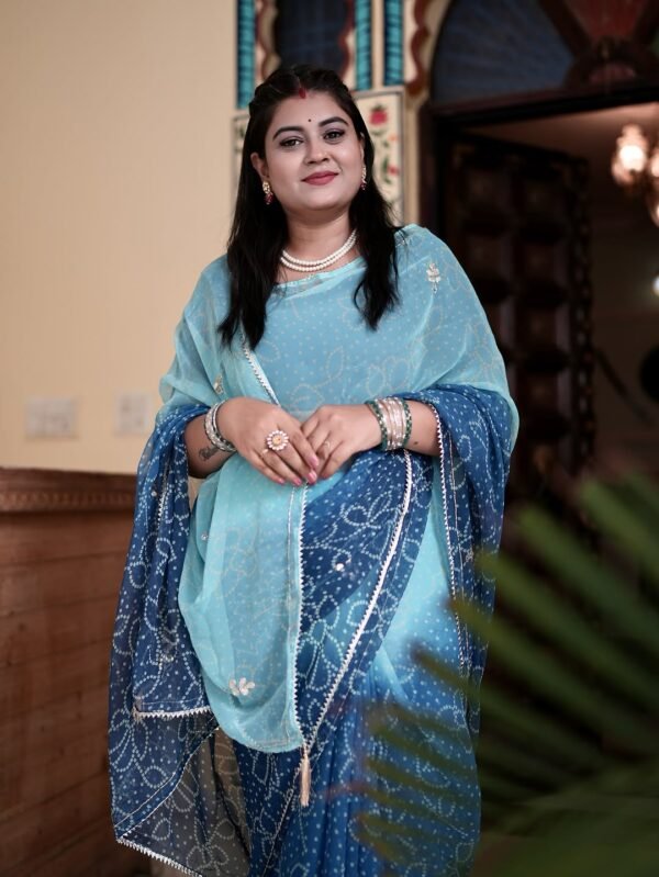 Light Dark Blue Shaded Georgette Bandhej Print Gotta Patti Kardhana Work Saree with Blouse