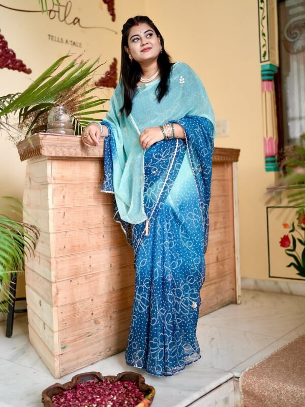 Light Dark Blue Shaded Georgette Bandhej Print Gotta Patti Kardhana Work Saree with Blouse