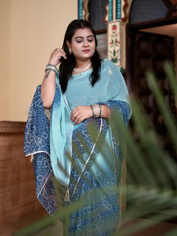Light Dark Blue Shaded Georgette Bandhej Print Gotta Patti Kardhana Work Saree with Blouse