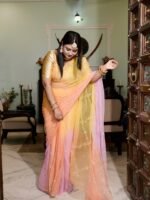 Pink Yellow Peach Multi Pure Diamond Chiffon Aari Taari Jaal Handwork Saree