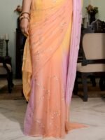 Pink Yellow Peach Multi Pure Diamond Chiffon Aari Taari Jaal Handwork Saree