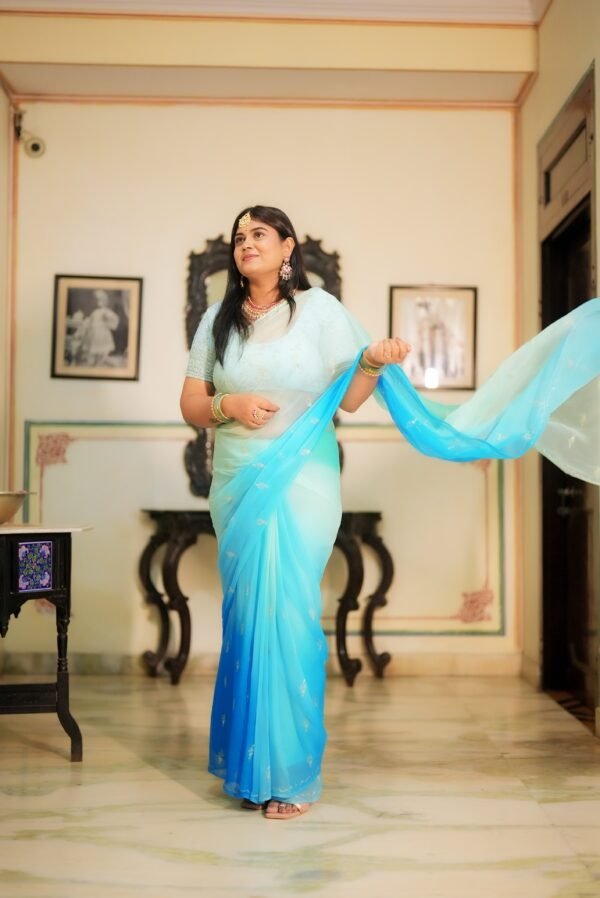 Blue Sea Green Shaded Diamond Chiffon Aari Sequins Handwork Saree