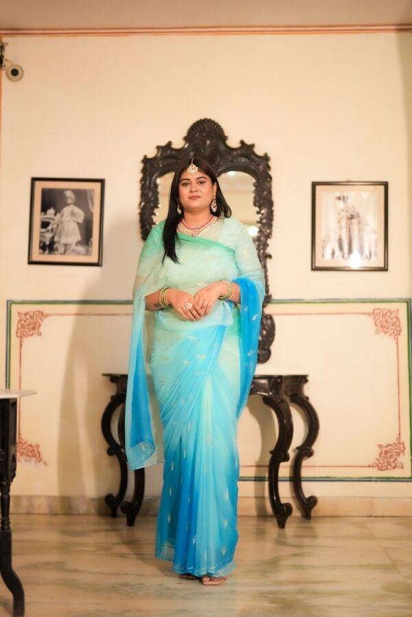 Blue Sea Green Shaded Diamond Chiffon Aari Sequins Handwork Saree