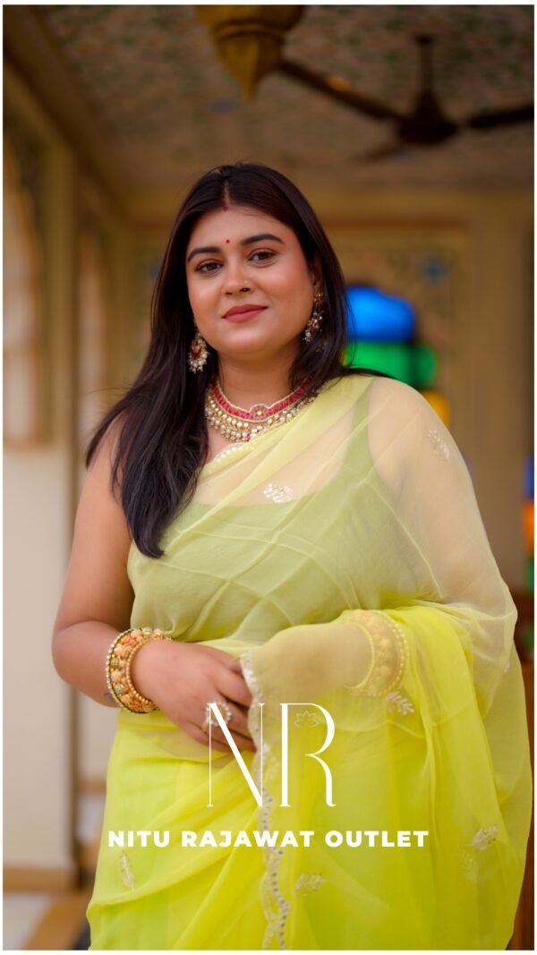 Lime Green Diamond Chiffon Aari Sequins Mirror Handwork Saree