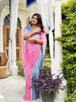 Blue Pink Shaded Kardhana Mirror Work Saree with Blouse