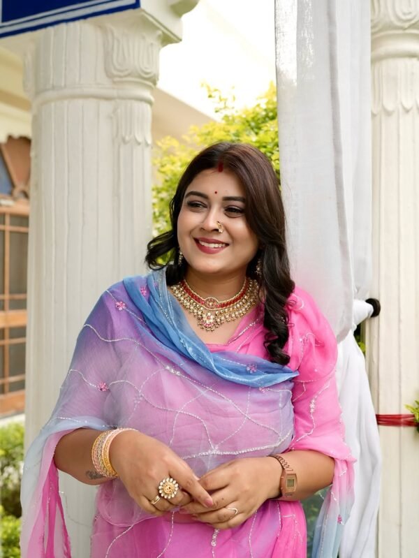 Blue Pink Shaded Kardhana Mirror Work Saree with Blouse