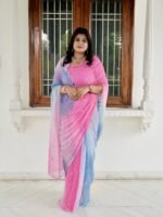 Blue Pink Shaded Kardhana Mirror Work Saree with Blouse