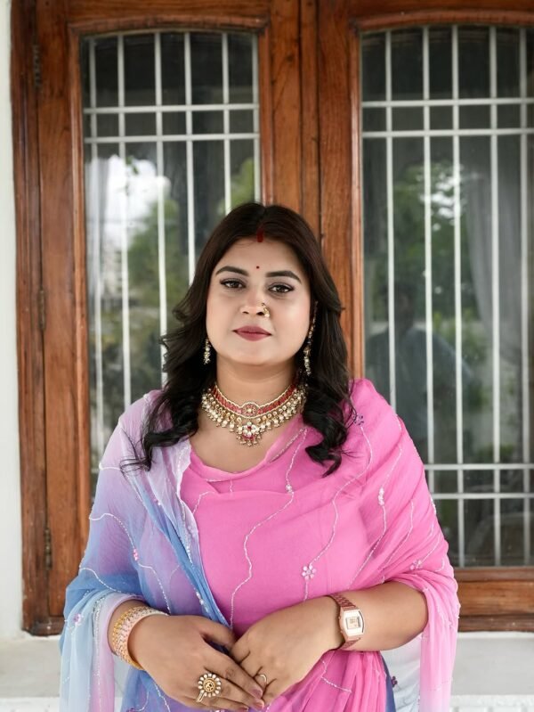 Blue Pink Shaded Kardhana Mirror Work Saree with Blouse