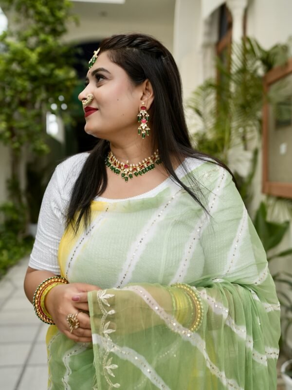 Green Yellow Lehriya Diamond Chiffon Saree Sequins & Zari Work