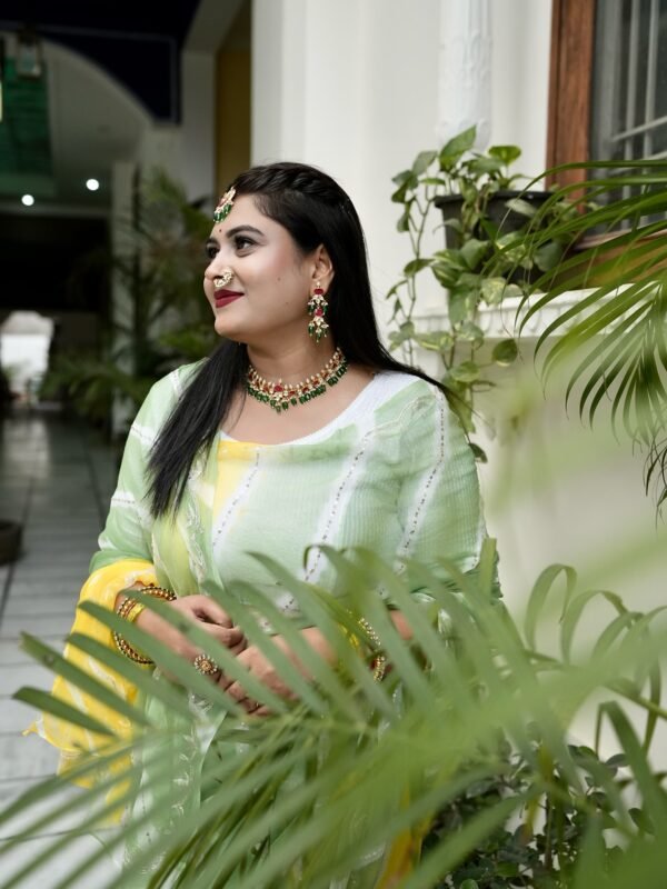 Green Yellow Lehriya Diamond Chiffon Saree Sequins & Zari Work