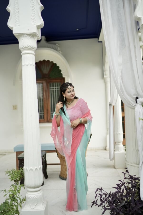 Pink Sea Green Pure Diamond Chiffon Shaded Kardhana Sequins Booti Work Saree with Blouse