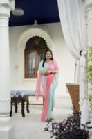 Pink Sea Green Pure Diamond Chiffon Shaded Kardhana Sequins Booti Work Saree with Blouse