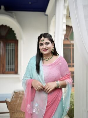 Pink Sea Green Pure Diamond Chiffon Shaded Kardhana Sequins Booti Work Saree with Blouse