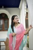 Pink Sea Green Pure Diamond Chiffon Shaded Kardhana Sequins Booti Work Saree with Blouse