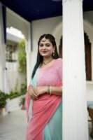 Pink Sea Green Pure Diamond Chiffon Shaded Kardhana Sequins Booti Work Saree with Blouse