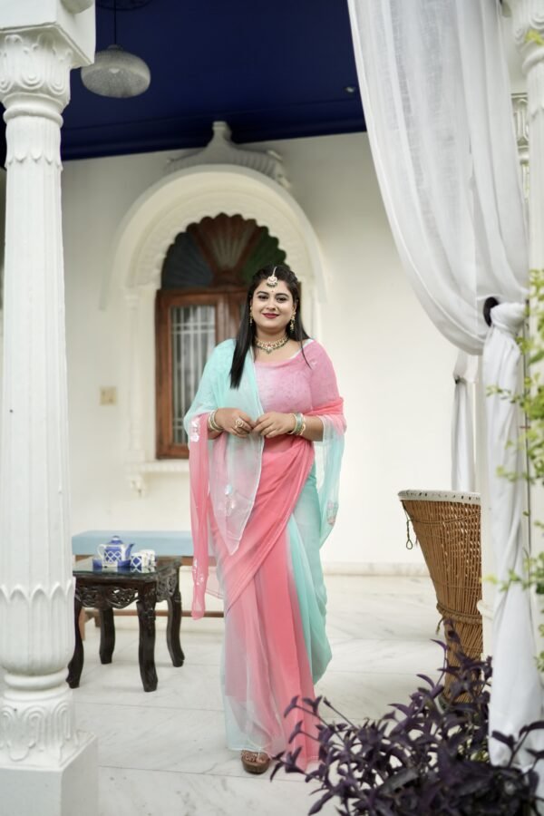 Pink Sea Green Pure Diamond Chiffon Shaded Kardhana Sequins Booti Work Saree with Blouse