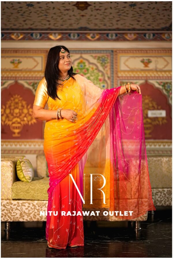 Multi Diamond Chiffon Kardhana Jaal Handwork Saree with Blouse