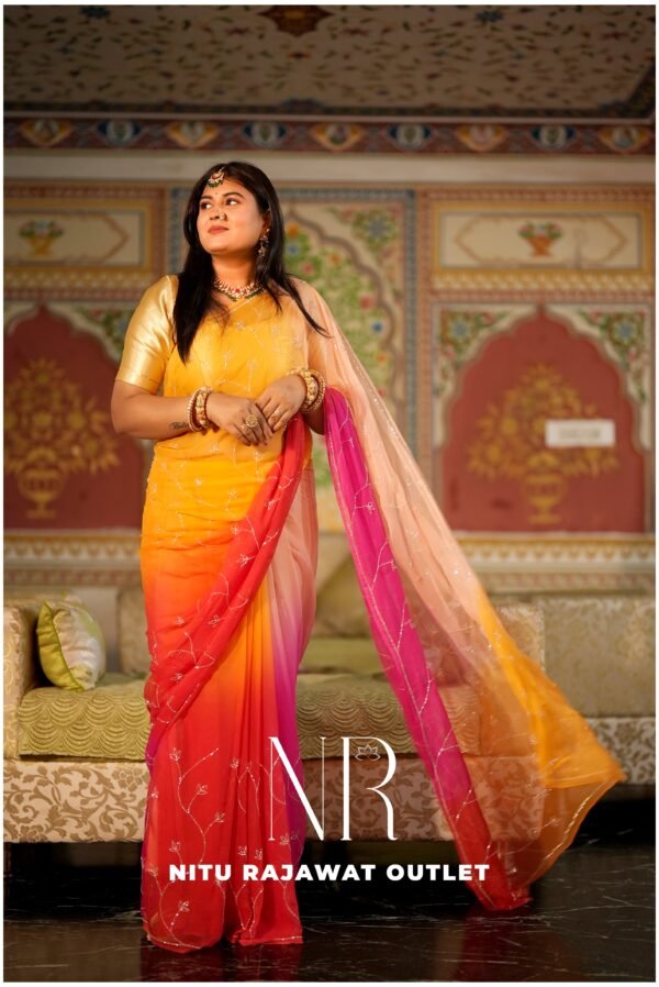 Multi Diamond Chiffon Kardhana Jaal Handwork Saree with Blouse