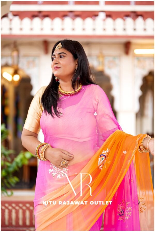 Pink Orange Peach Diamond Chiffon Multi Gotta Patti Aari Sequins Peacock Handwork Saree