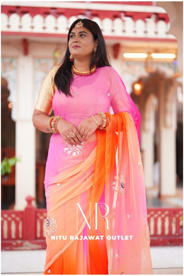 Pink Orange Peach Diamond Chiffon Multi Gotta Patti Aari Sequins Peacock Handwork Saree