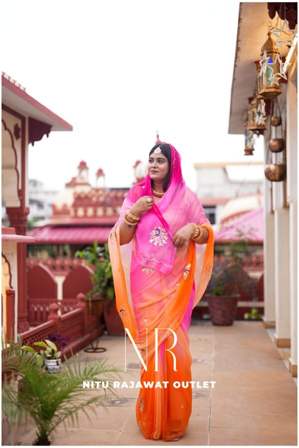 Pink Orange Peach Diamond Chiffon Multi Gotta Patti Aari Sequins Peacock Handwork Saree