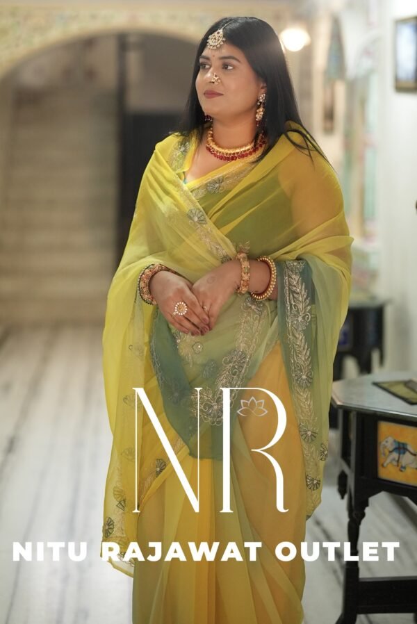 Yellow Green Pure Diamond Chiffon Aari Taari Work Saree with Blouse