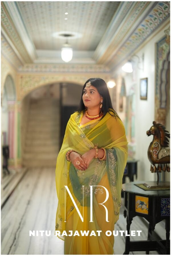 Yellow Green Pure Diamond Chiffon Aari Taari Work Saree with Blouse