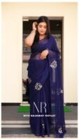 Navy blue Pure diamond chiffon Aari Taari work Saree with blouse