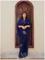 Navy blue Pure diamond chiffon Aari Taari work Saree with blouse