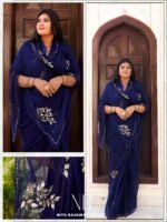 Navy blue Pure diamond chiffon Aari Taari work Saree with blouse