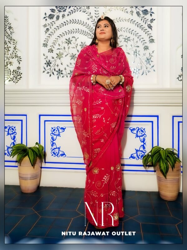 Light Dark Pink Shaded Pure Diamond Chiffon Aari Taari Work Saree with Blouse