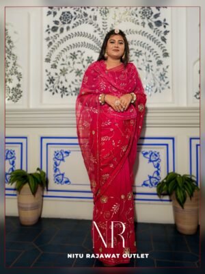 Light Dark Pink Shaded Pure Diamond Chiffon Aari Taari Work Saree with Blouse