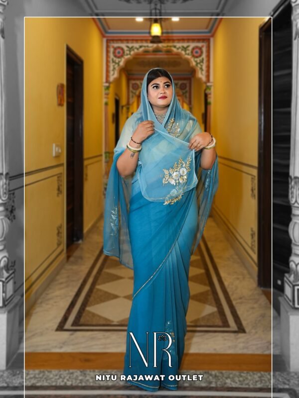 Teal Blue Shaded Pure Diamond Chiffon Aari Taari Work Butta Saree With Blouse