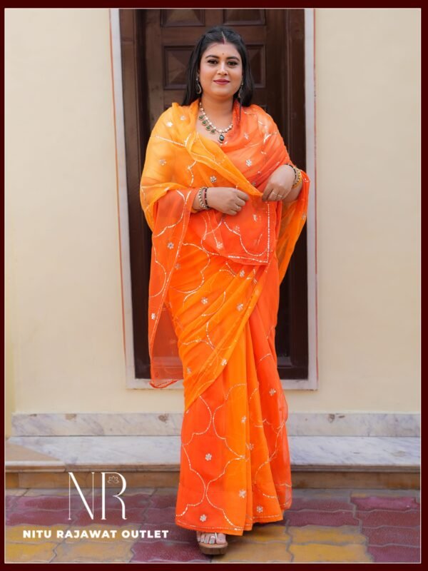 Orange Yellow Shaded Pure Diamond Chiffon Sequins Tikki Jaal Work Saree with Blouse