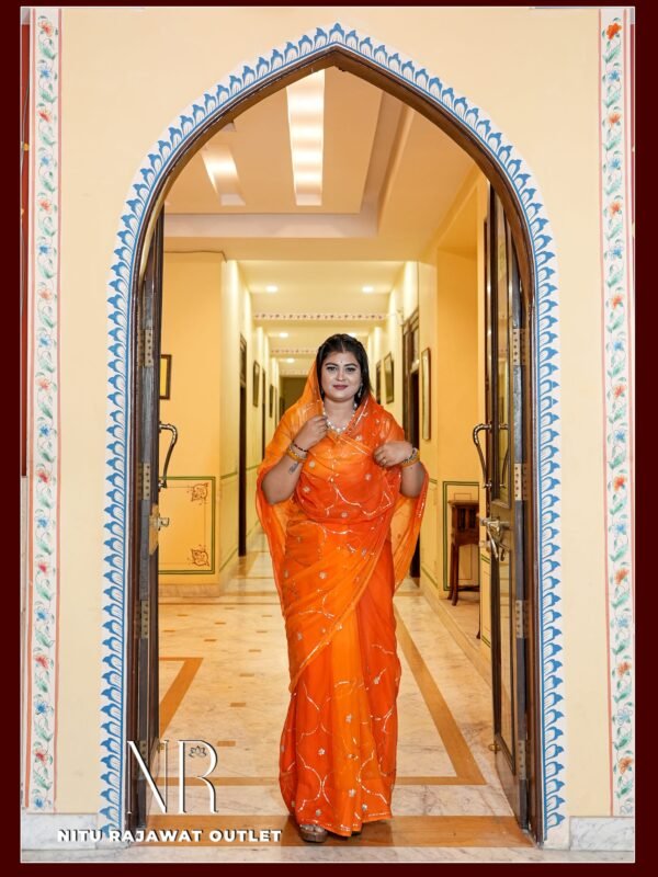 Orange Yellow Shaded Pure Diamond Chiffon Sequins Tikki Jaal Work Saree with Blouse