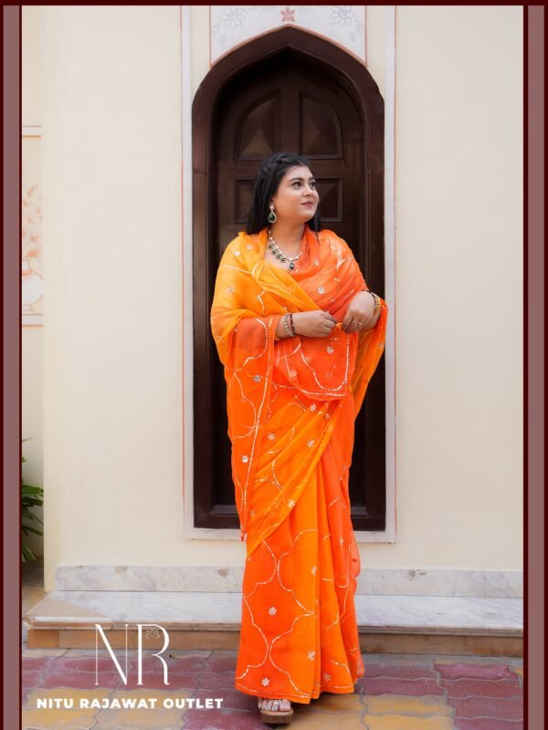 Orange Yellow Shaded Pure Diamond Chiffon Sequins Tikki Jaal Work Saree with Blouse